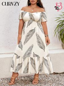 CURVZY Plus Size Feather Print Ruched Off Shoulder Dress, Elegant Short Sleeve Ruffle Hem A Line Dress, Women's Summer Clothes for Vacation Holiday