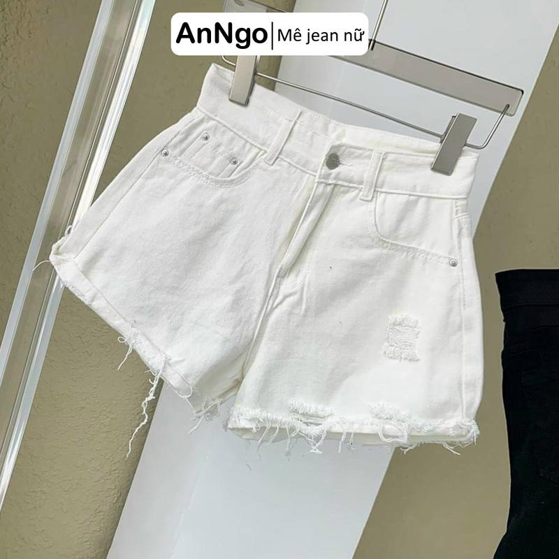 (Có big size) Quần short jean nữ trắng lưng cao hack dáng dễ thương, rách nhẹ dễ phối đồ Anngo - AT228A