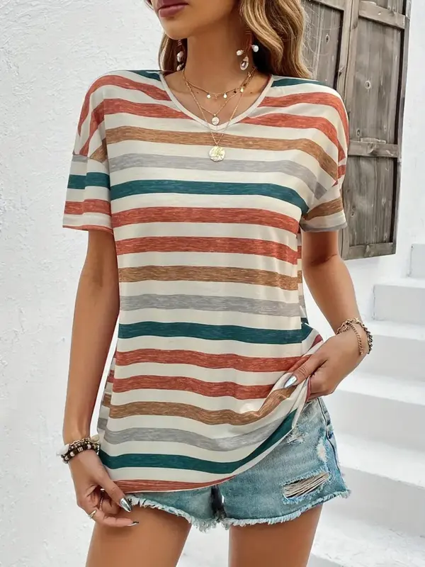 Women's Striped Print Drop Shoulder Tee, Summer Clothes, Casual Short Sleeve V Neck T-Shirt for Summer, Ladies Top for Daily Wear 3