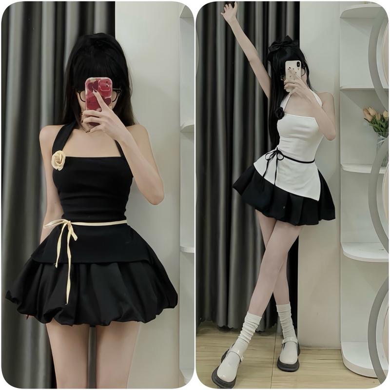 Sét Váy Nữ Kèm Hoa Gồm Áo Cổ Yếm Xẻ Dây Buộc Eo + Chân Váy Bí Phồng