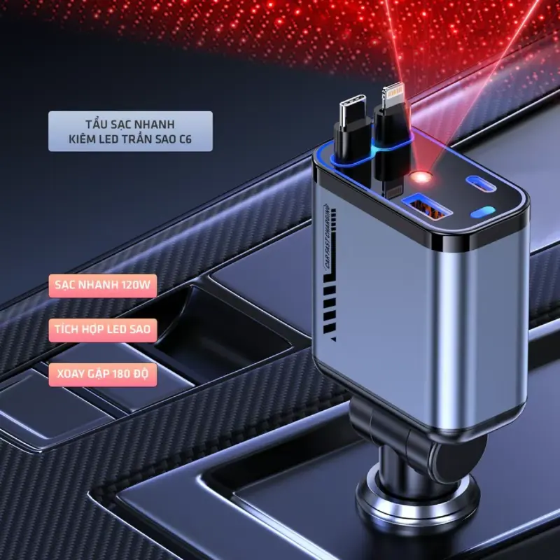 Tẩu sạc ô tô C6 tích hợp đèn led chiếu trần sao,Tẩu Sạc Nhanh ô tô 120W 4-in-1 Bộ sạc xe hơi USB Type-C for Samsung Huawei Phụ Kiện-Mẫu mới 2025