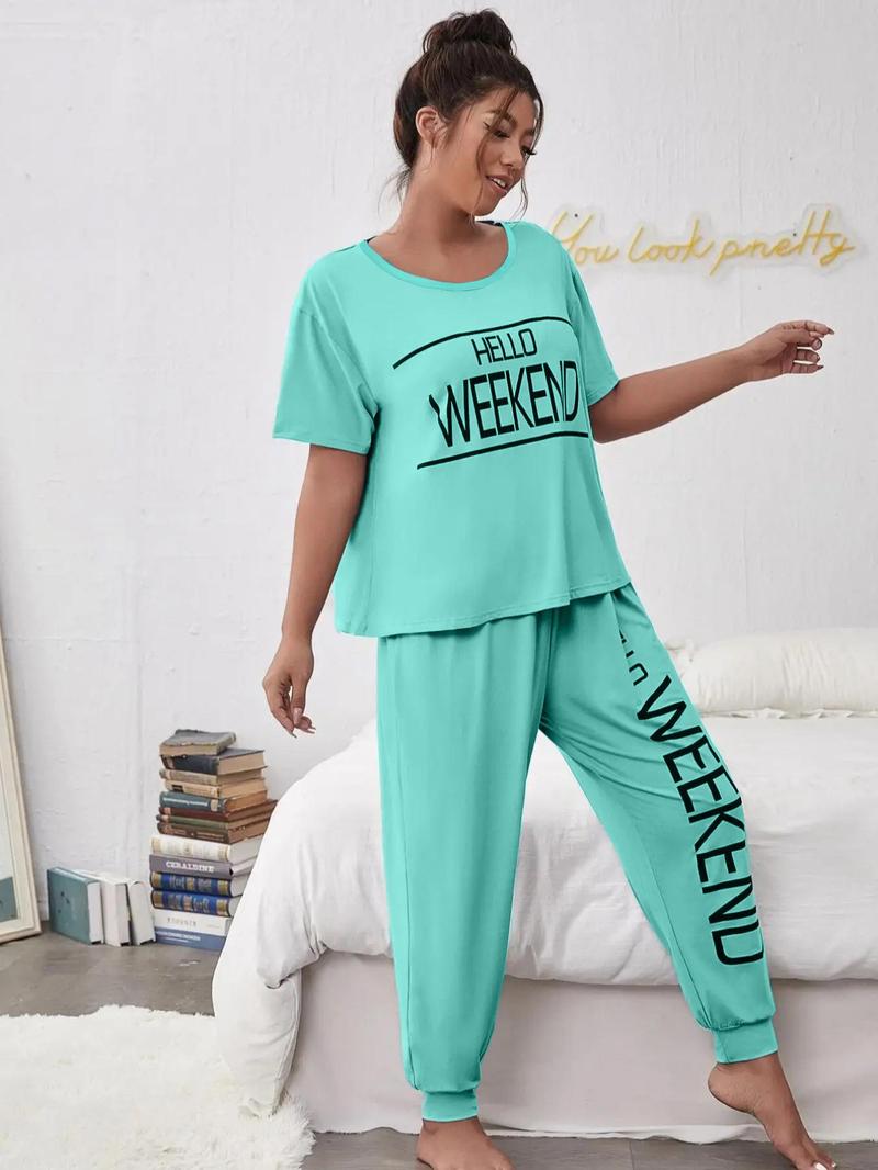 Product Introduction of Plus Size Letter Print Tee & Pants Pyjama, Casual Comfy Round Neck Short Sleeve T-shirt & Trousers PJ Set, Women's Sleepwear for All Seasons 4