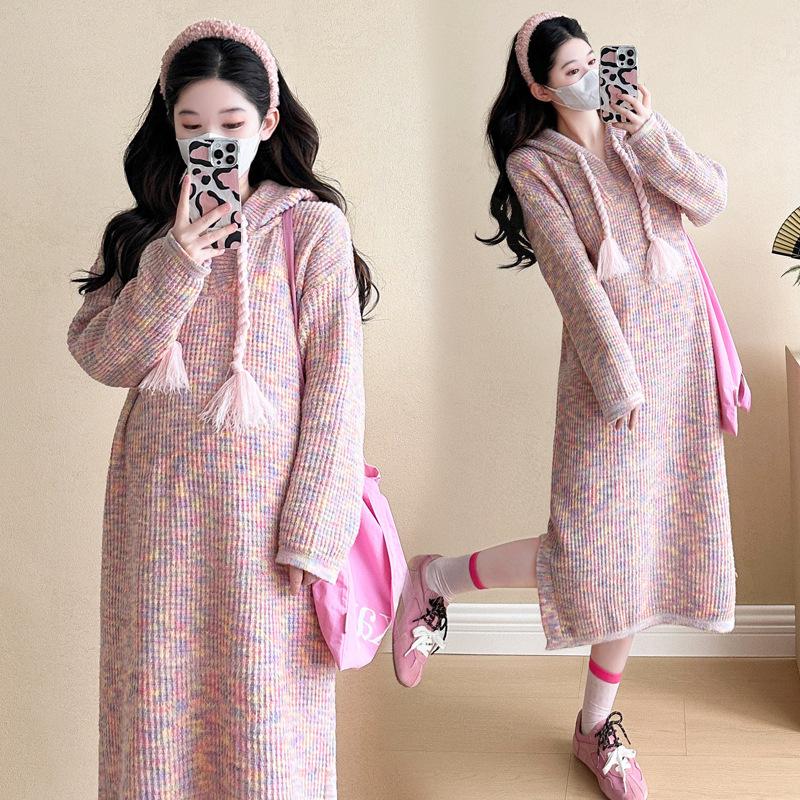 Young Mom | Đầm bầu Hoddie DV217 kiểu dáng trẻ trung chất len đan dày dặn ấm áp mùa Đông size S,M,L,XL,XXL màu hồng kem thoải mái cho thai kỳ