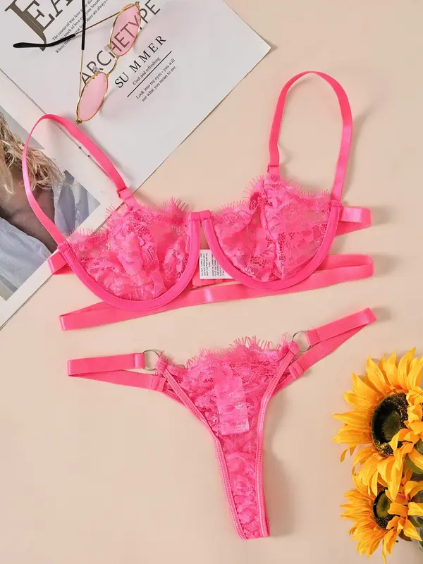 Womenswear Minimalist Lace Bra & Thong Set, Breathable Adjustable Strap Wireless Bra & Ring Linked Panty Sexy Lingeries Set, Valentine's Day Gift, Summer Wear 2024, Comfortable Co Ord Underwear Set, Tall Clothing Women 3
