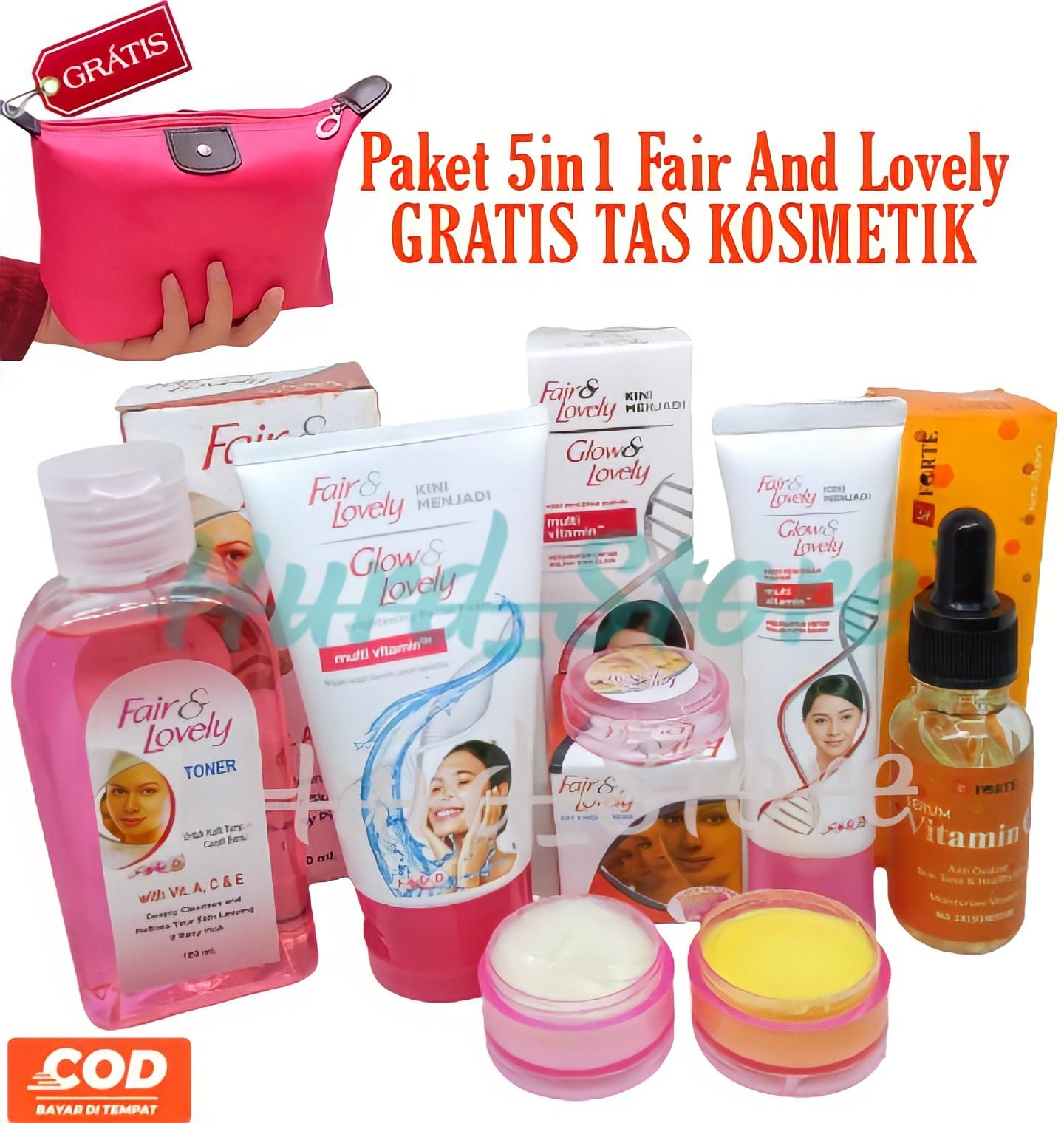 Paket 5 in 1 Fair And Lovely [ Gratis TAS KOSMETIK ] - Cream Siang Malam - Pelembab - Facial Foam 50gr - Toner Fair & Lovely Plus Serum Forte Vit C - Paket Lengkap Glow And Lovely