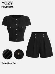 YOZY Women's Solid Color Top & Shorts Two-piece Set, Casual Fashion Cozy Two Piece Outfits for Daily Outdoor Wear, Ladies Clothes for All Seasons