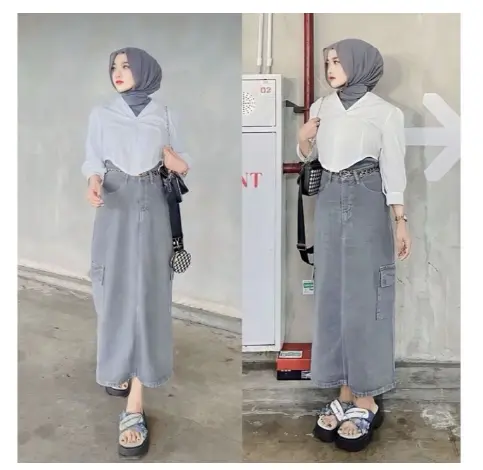 Zifana-Rok Jeans Cargo Belah Depan Korean Style Melar Variasi Kantong samping 2