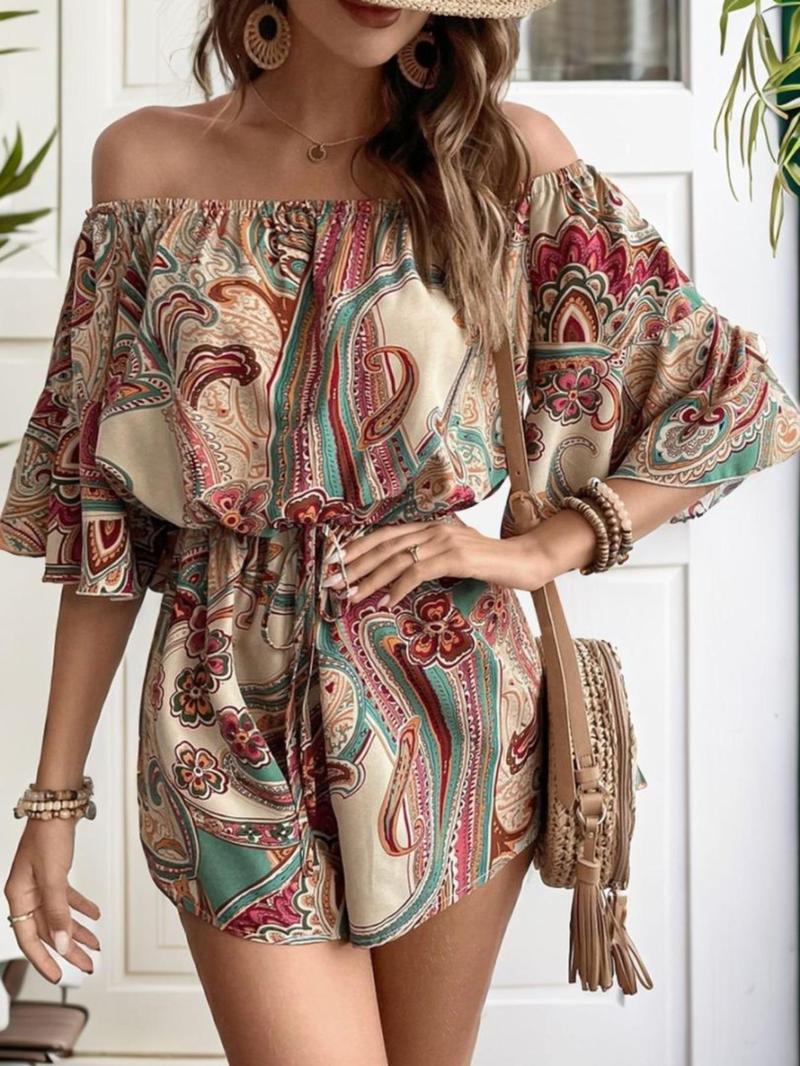 Product Introduction of Women's Ethnic Print Off Shoulder Romper, Boho Fashion Casual Romper for Daily Holiday Vacation Wear, Women Clothes for Spring 5
