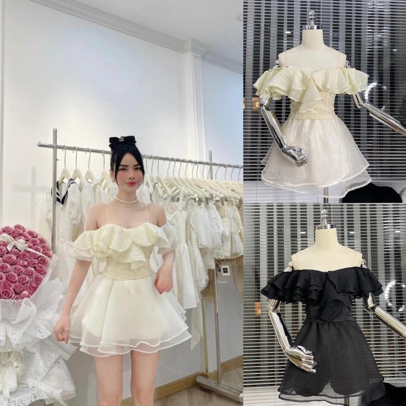 Sét bộ áo 2 dây trễ vai kèm chân váy tơ xòe sét bộ nữ đi chơi tiểu thư Bigsize Kim Ngân từ 50kg đến 100kg S M L XL XXL Kem Women Top