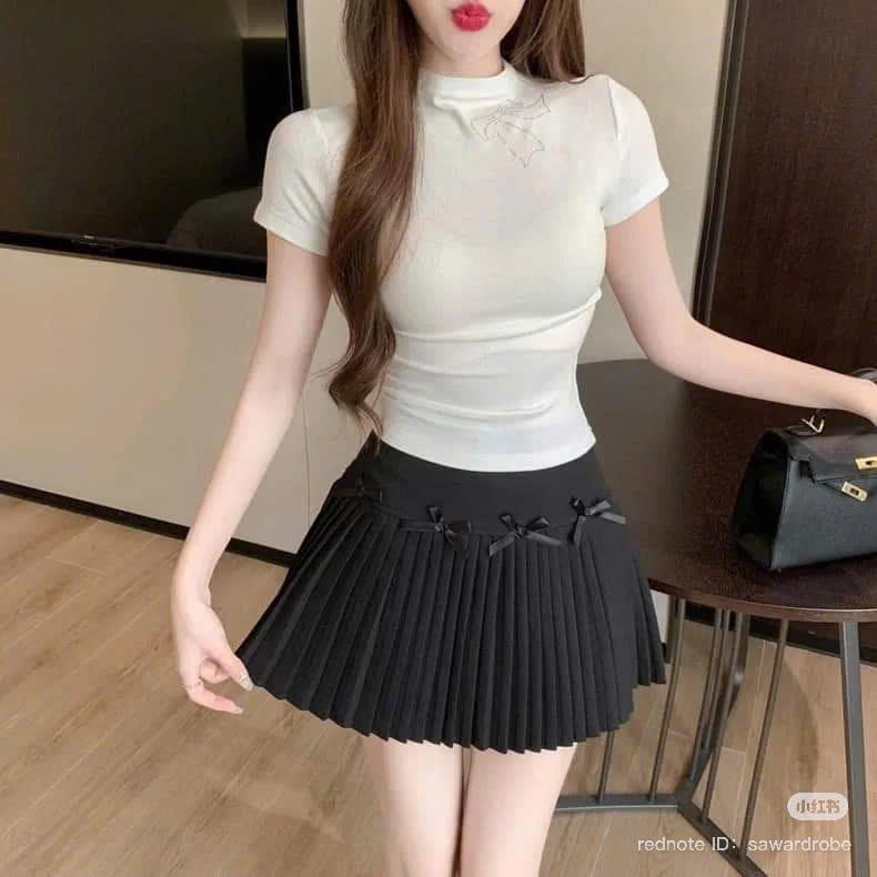 Jinmi Chân Váy Xếp Ly Đính Nơ Tiểu Thư Siêu Xinh, Chất Dạ Hàn mềm mịn dày dặn 4