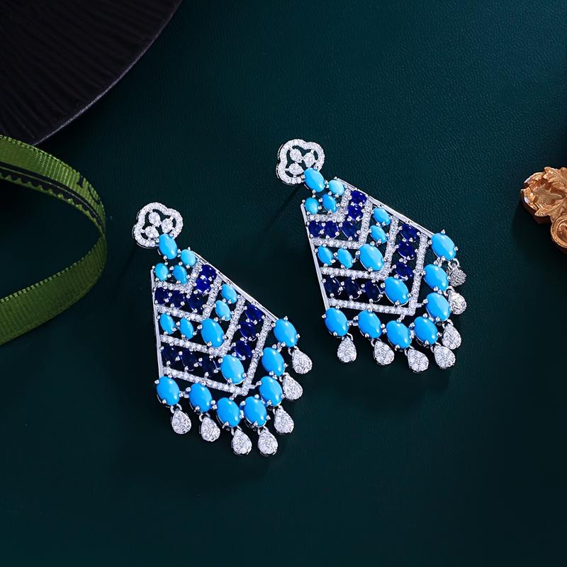 Middle Eastern Luxurious Synthetic Turquoise and Synthetic Zircon Long Tassel Earrings for Women Ethnic Bohemian Bride Wedding Party Jewelry 4