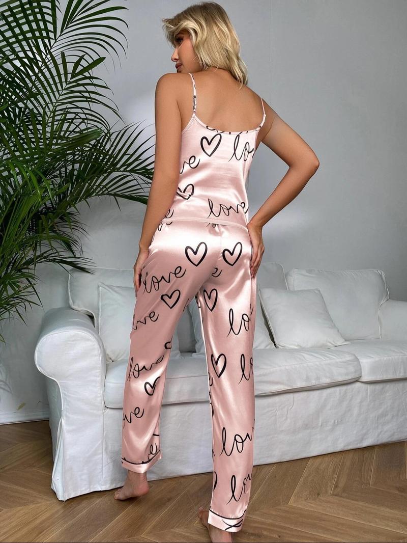 Product Introduction of Women's Heart Print Two-piece Pyjama Set, Casual Adjustable Spaghetti Strap Backless Cami Top & Elastic Waist Pants, Lady Comfort Nightwear, Comfy Loungewear Set for Women, Pajamas for Women, Lounge Set for Women, Womenswear 11