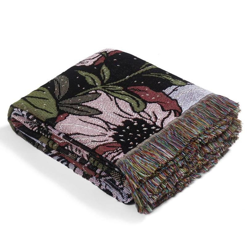 Floral Pattern Tassel Throw Blanket, 1 Count Boho Style Warm Nap Blanket, Soft Comfortable Throw Blanket for Home Sofa Bed, Bedroom Decor 4