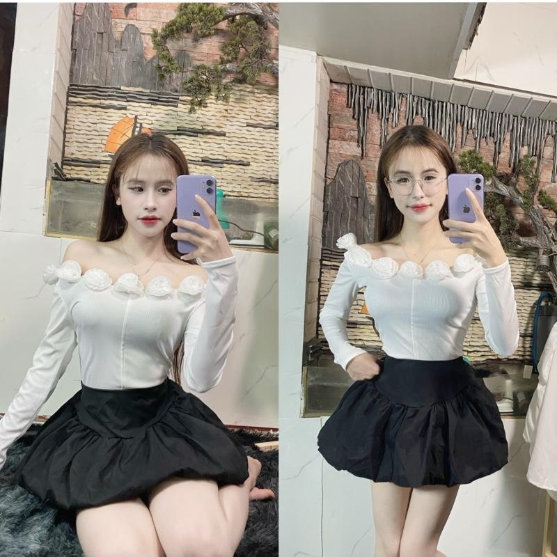 Set Váy Bí Phồng Mix áo Trễ Vai Nhiều Hoa 1