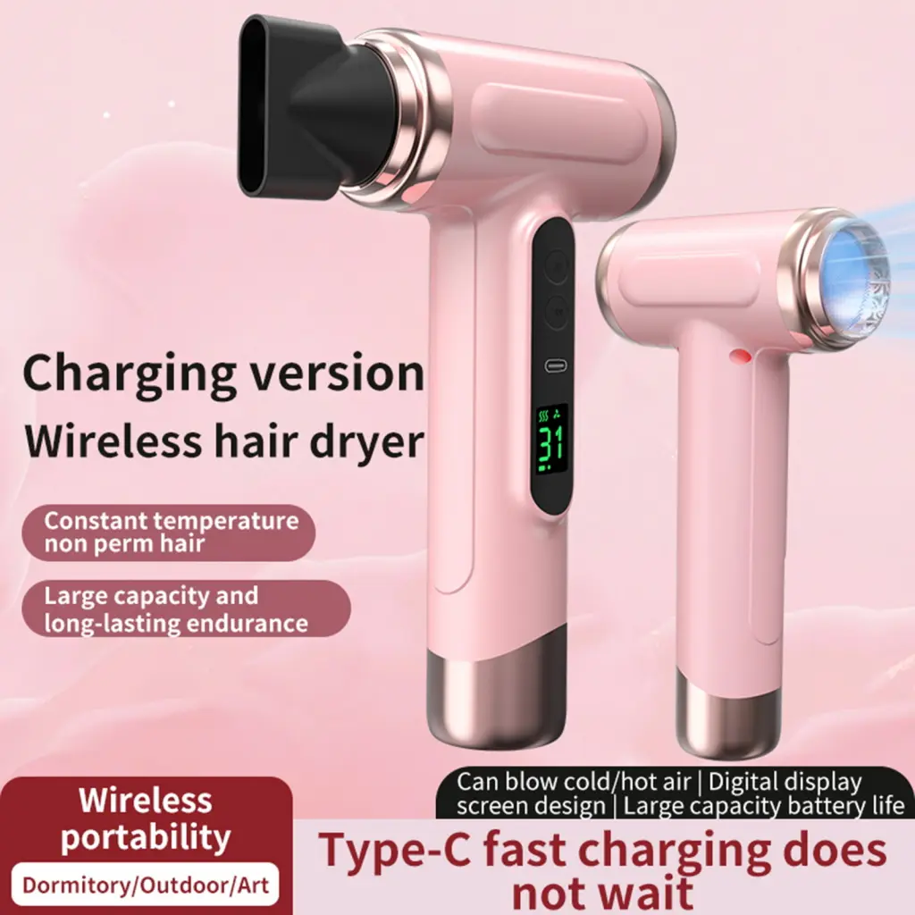 svgtsarg- Wireless Hair Dryer Portable Cordless Hair Dryer Usb Rechargeable Lcd Display Fast Drying Low Noise Travel Blow Dryer for Women 200w