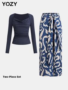 YOZY Cowl Neck Tee & Print Knot Front Skirt / Women's Casual Long Sleeve Top & Elastic Waist Split Hem Skirt, Women's Clothing for Spring & Fall, Womenswear