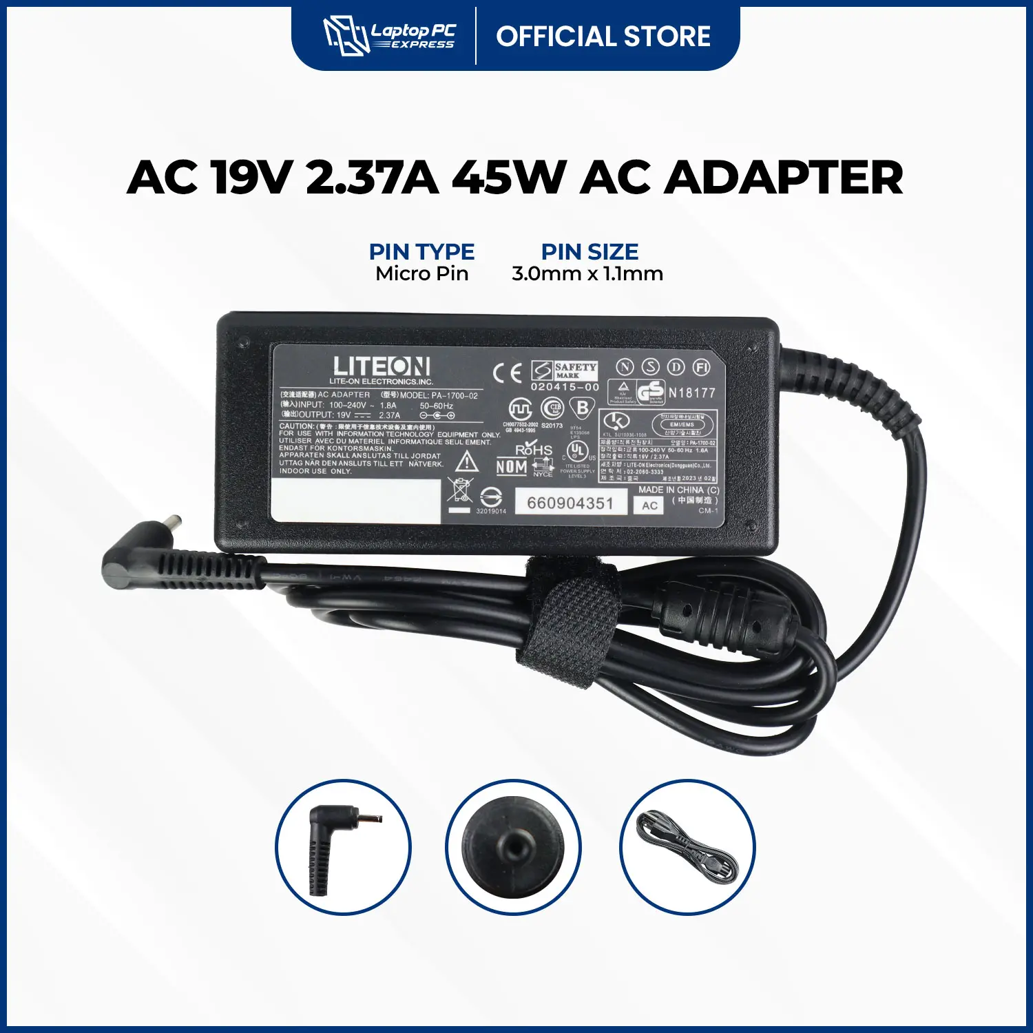LPCE Laptop Charger 19V 2.37A 45W 3.0mm x 1.1mm Compatible with Acer Spin 1 SP111-31 SP111-32N SP111-33 SP113-31 Spin 3 SP314-51