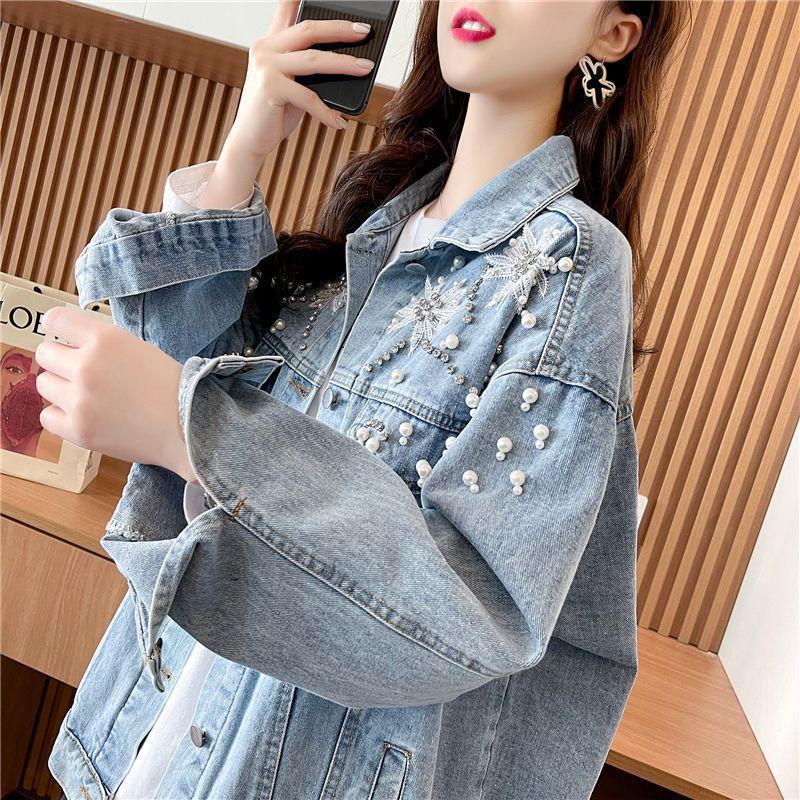 Product Introduction of 2024 Spring and Autumn New Design Heavy Rhinestone Denim Jacket for Women with Turn-down Collar Loose Korean Style Versatile Jacket Top 15