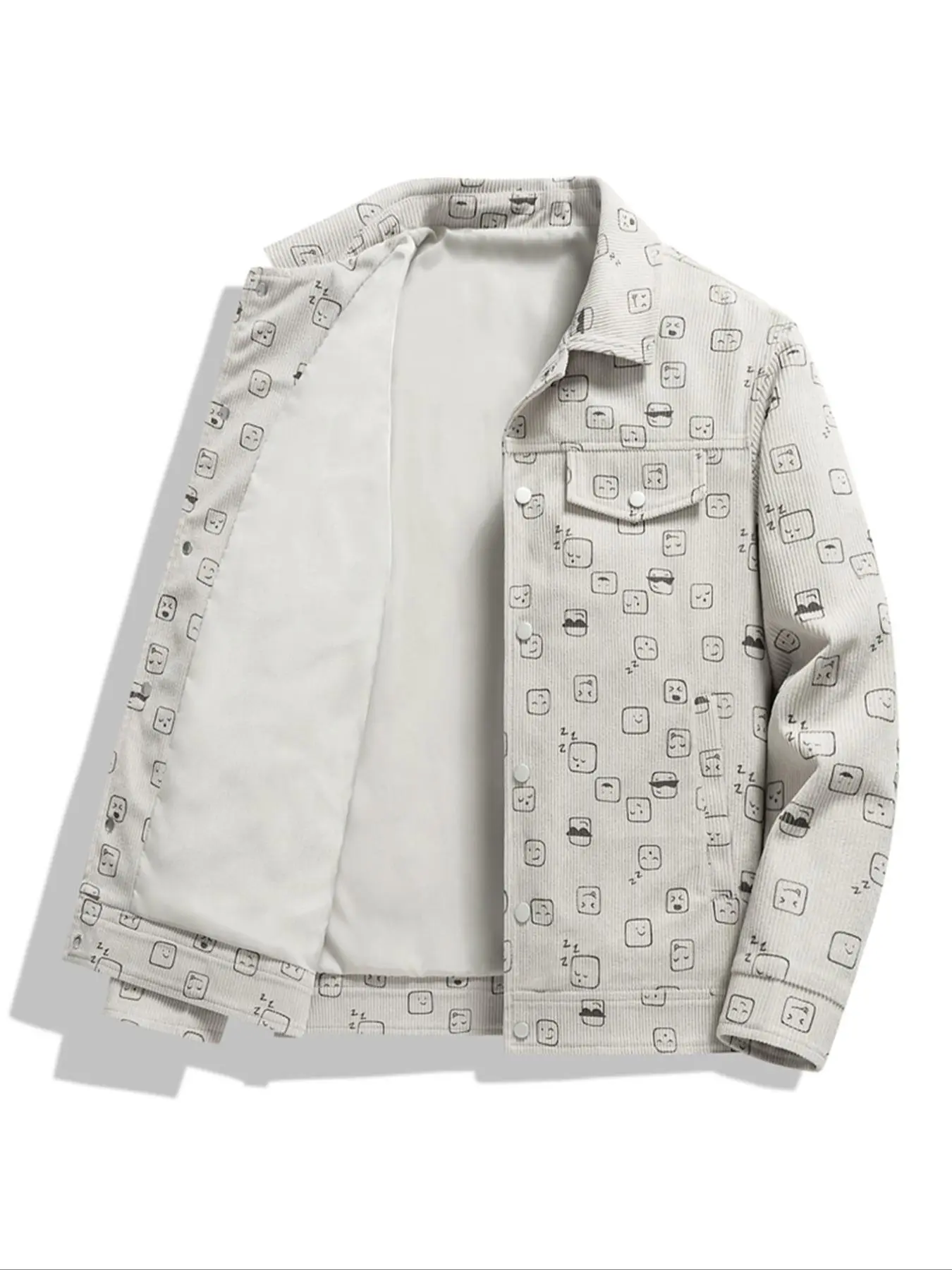 Men's All Over Cartoon Face Print Button Front Jacket, Loose Casual Style Long Sleeve Pocket Collared Outerwear for Fall & Winter, Men's Clothes for Daily Wear, Coat