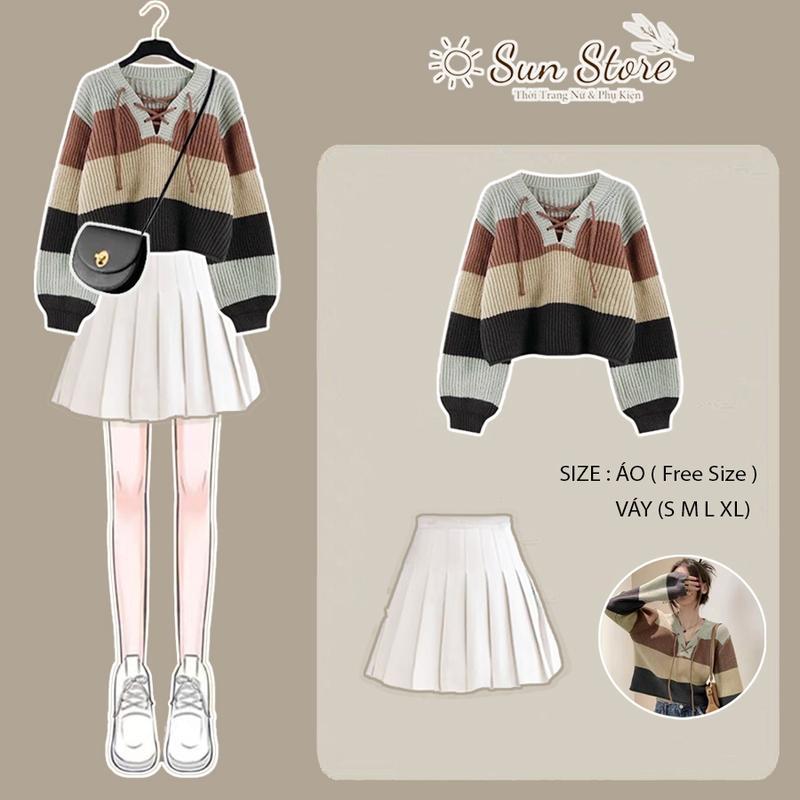 Set chân váy và áo len nữ,áo len cổ thắt dây kẻ màu mix chân váy tennis,chân váy xoè xếp ly có lót trong chất tuyết mưa Polo Lịch Top Women Shirt Có Cổ Jacket