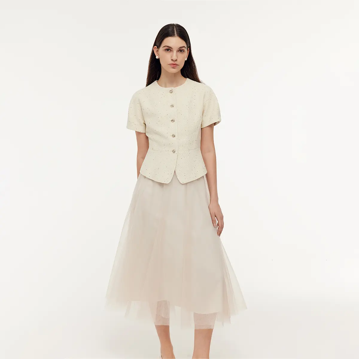 Tweed Short-sleeve Round-neck Top And Chiffon Midi Skirt Two-Piece Clothing Fit Lingerie Light