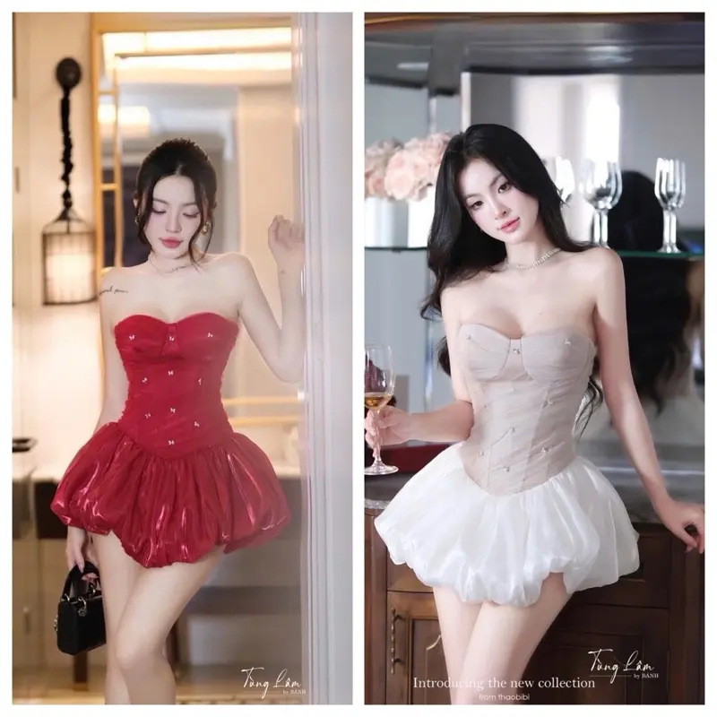 Đầm dự tiệc Váy cup ngực lưới đính khuy đá phối chân tơ bồng đi tiệc hẹn hò có lót bảo hộ 0