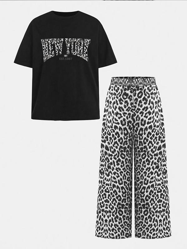 Two-piece Set Girl's Leopard Letter Print Tee & Pants Set, Casual Fashion Round Neck Short Sleeve T-shirt & Trousers for Daily Outdoor Wear, Kids Clothing for Summer, Rounded Neck 8
