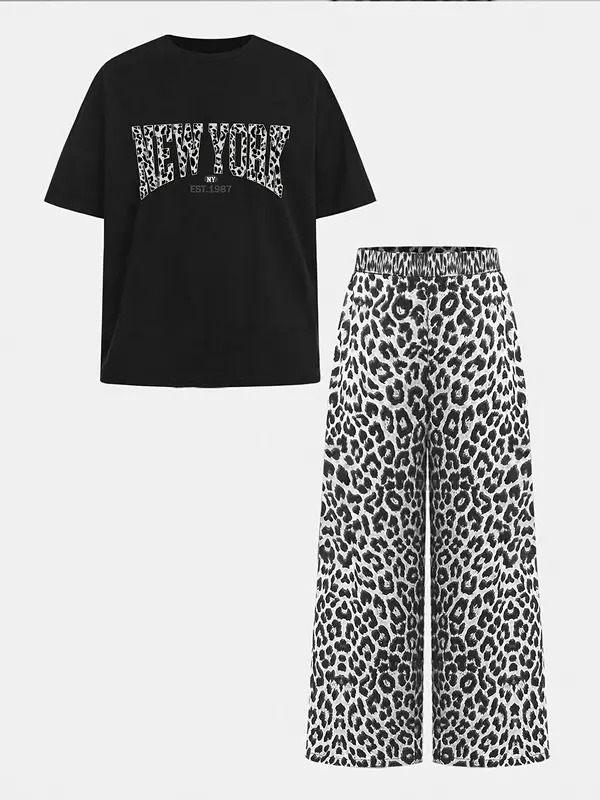 Two-piece Set Girl's Leopard Letter Print Tee & Pants Set, Casual Fashion Round Neck Short Sleeve T-shirt & Trousers for Daily Outdoor Wear, Kids Clothing for Summer, Rounded Neck 8