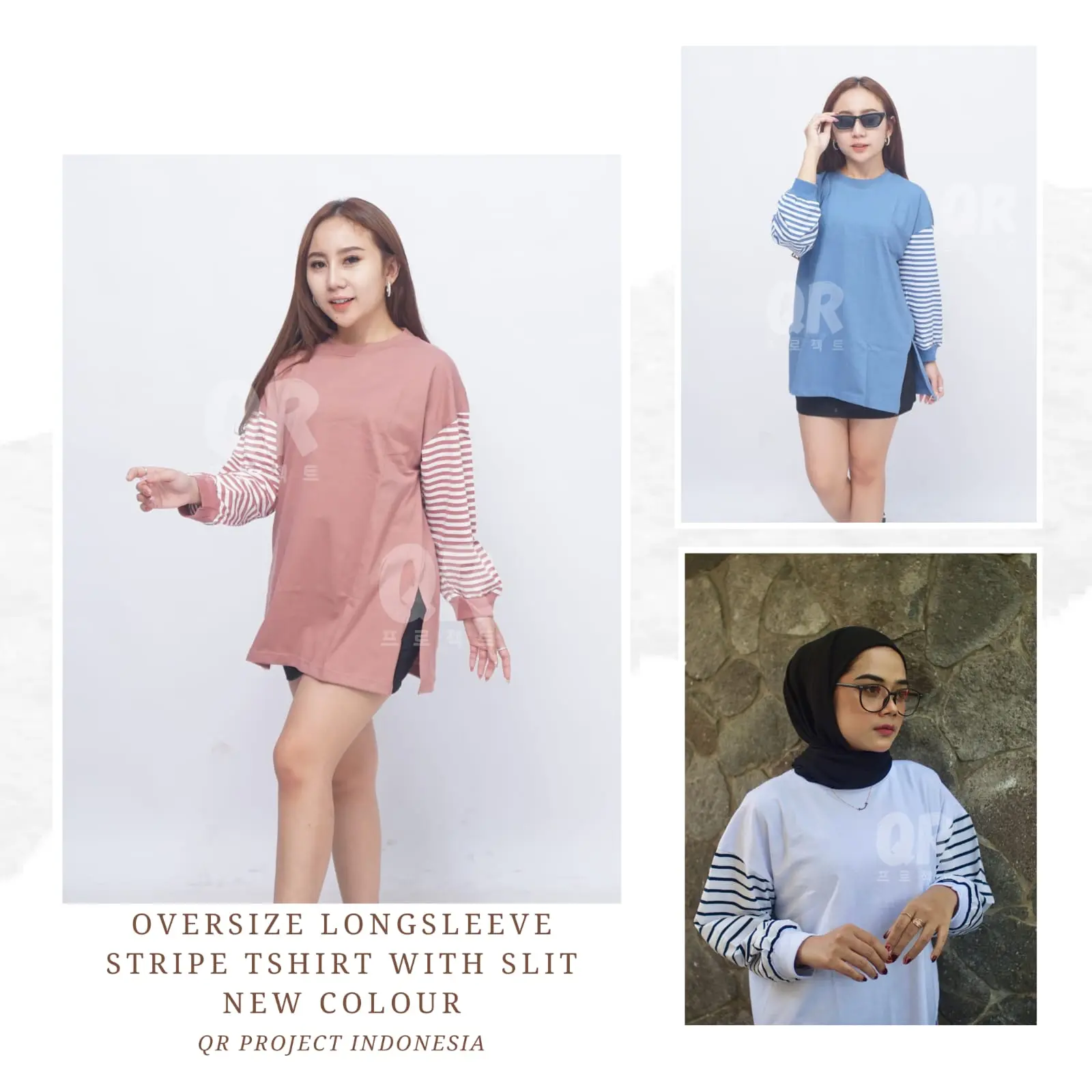 QR PROJECT ID - Kaos Polos Oversize Lengan Panjang Stripe Salur With Slit New Colour