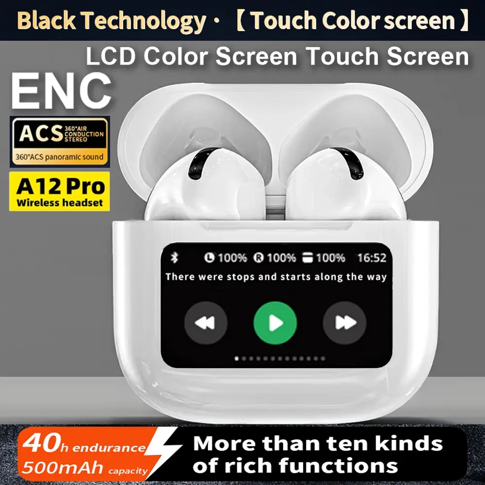 Tai nghe ENC, A12 Pro, Tai nghe không dây TWS, với điều khiển cảm ứng, màn hình LCD, bộ cân bằng, âm thanh siêu trầm, âm thanh cao cấp, chức năng khử tiếng ồn