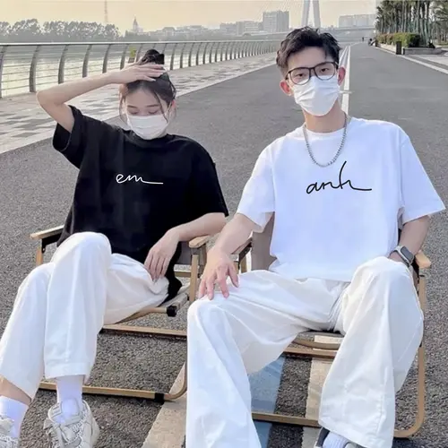 Áo Phông 3158 Chữ " Anh - Em ", chất cotton khô, dành cho nam nữ Cotton Cổ tròn Menswear