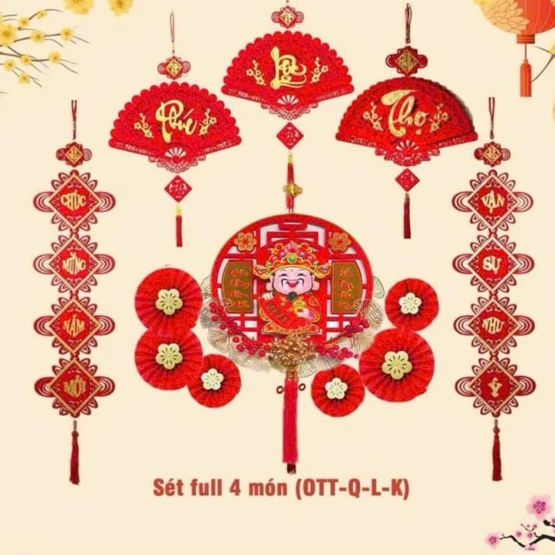 ( Tặng móc treo và pin ) combo 4 món Sét trang trí treo tường Tết 2025, bộ câu đối và giỏ quà - tặng móc treo Tranh