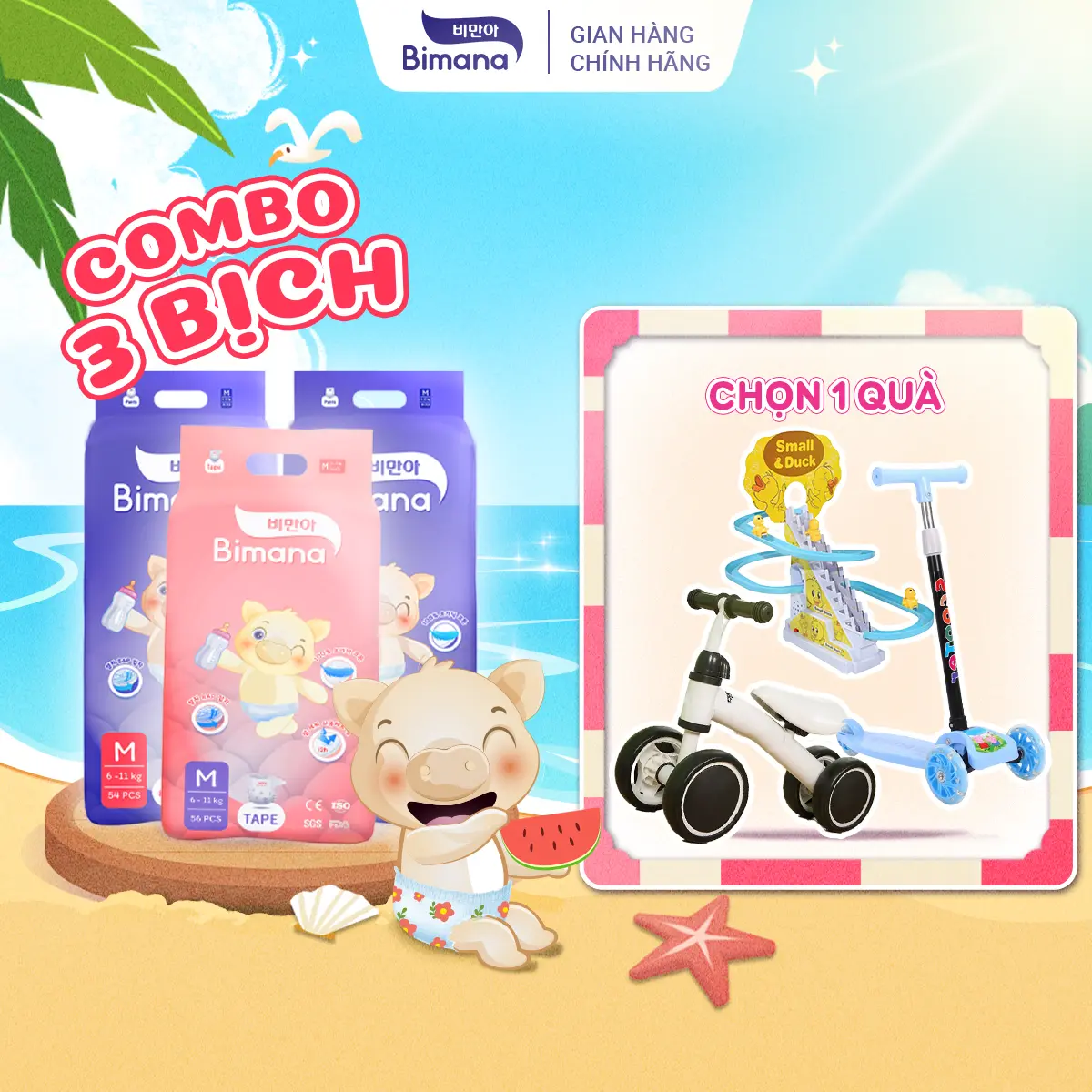 [CHỌN 1 QUÀ] COMBO 3 bịch Tã bỉm Bimana Hàn Quốc thấm hút tốt, mỏng thoáng và an toàn cho bé