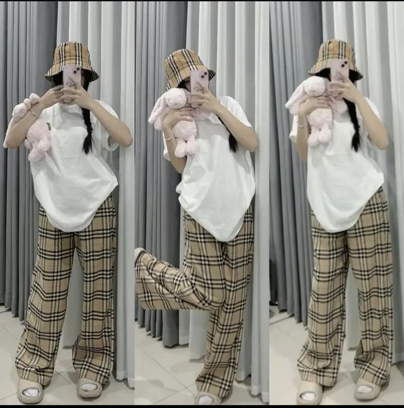 Quần kẻ BBR ống suông rộng cạp chun lưng cao chất vải thô cao cấp mặc 4 mùa kèm ảnh chụp thật dex mặc dễ phối đồ Nữ Women