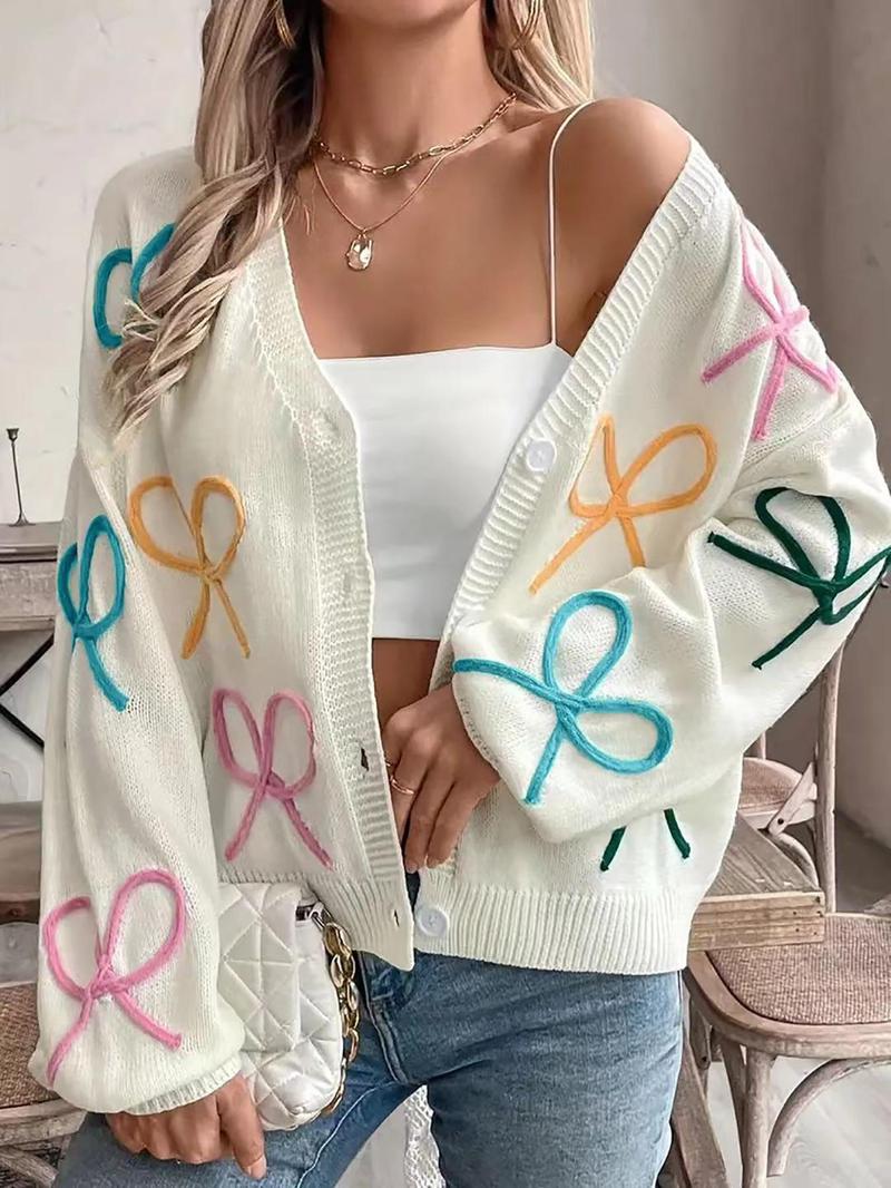 Product Introduction of Women's Colorblock Bow Pattern V Neck Sweater Cardigan, Casual Long Sleeve Cardigan for Spring, Fashion Women's Knitwear for Daily Wear Valentine's Day, gift 4