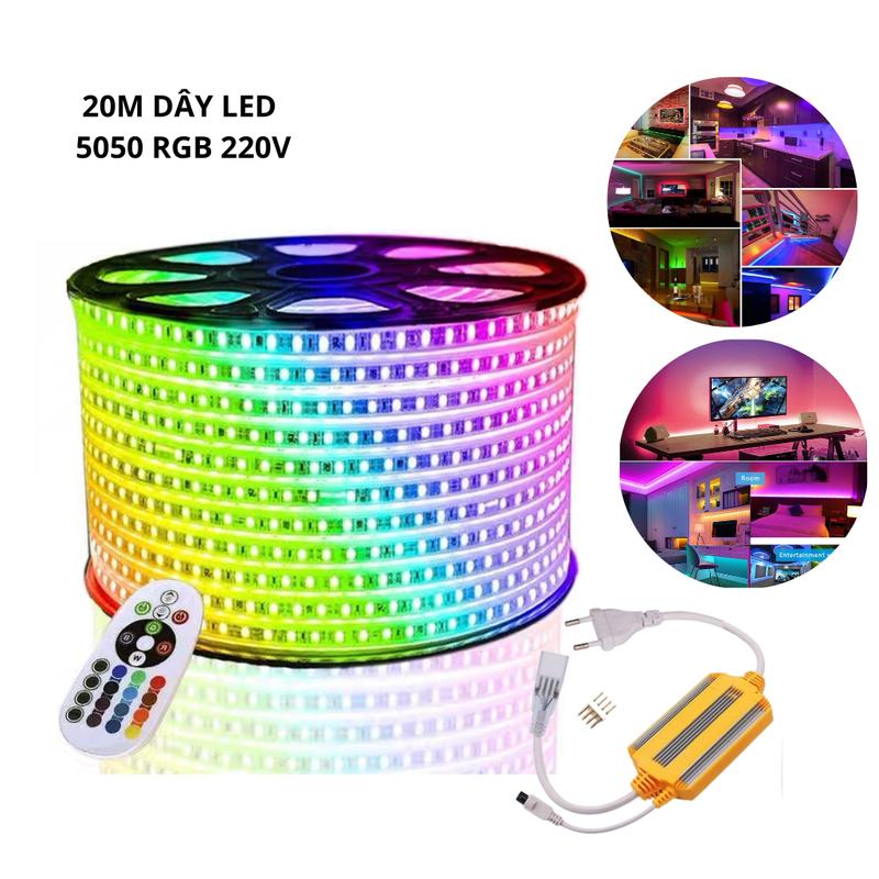 20 Mét Đèn Led dây đổi màu 5050 RGB 220V có nguồn Remote