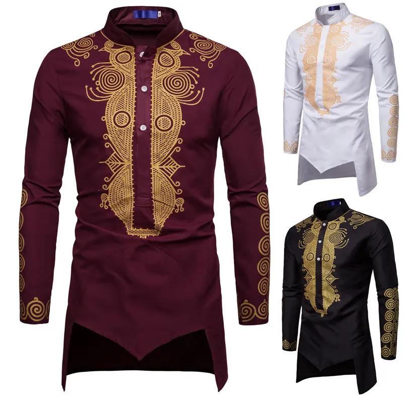 European Style Chinese Dongfeng Muslim Robe Men's Personalized Bronzing Mid-Length Long Sleeve Shirt