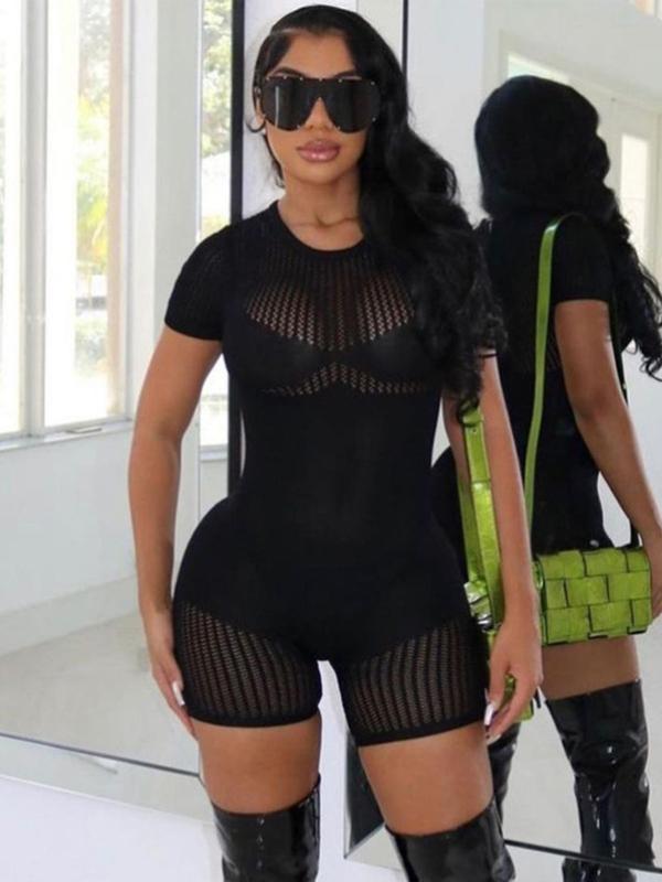 Women's Sexy Solid Sheer Round Neck Romper, Summer Clothes Women, Fashion Casual Hollow Out Short Sleeve Skinny Romper, Women Clothing for Summer, Summer Clothes Valentine's Day, gift 4