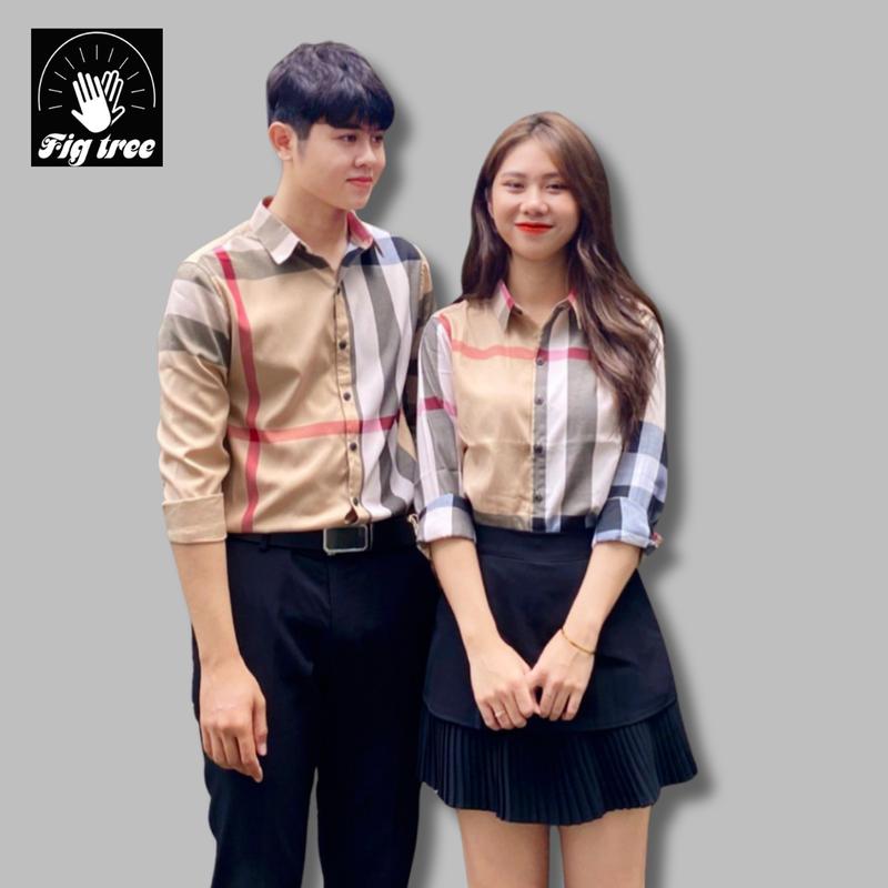 Aó Sơ Mi Nam Nữ  Cặp Đôi Fig Tree (Sét Giá 1 áo )- Họa Tiết Caro Kem Lên Dáng Thanh Lịch  - Chất Vải Cotton  Mịn, mát.