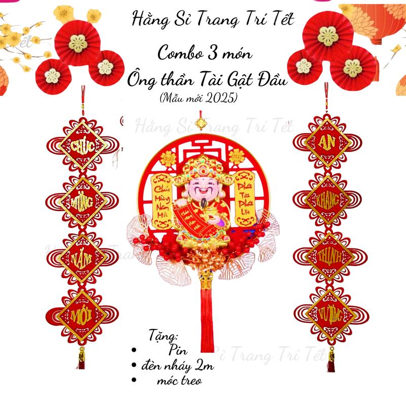 [TẶNG 6 QUẠT, 2 Pin, Đèn] COMBO Ông Thần Tài Kèm Câu Đối Trang Trí Tết 2025, Bộ Trang Trí Nhà Cửa, Văn Phòng, Chụp Ảnh Tết, Ông Thần Tài Lắc Đầu Size 38cm, Set Quạt Trang Trí