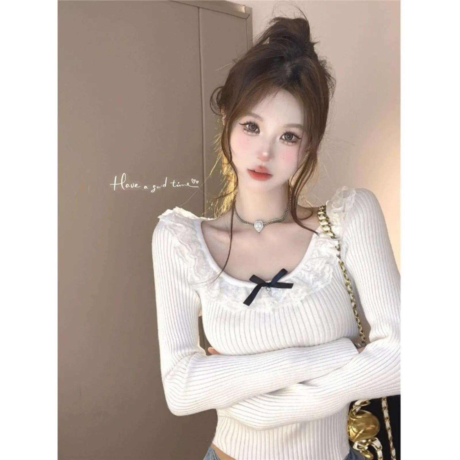 Áo Nơ Ren Ngắn Ôm Sát Kiểu Pháp, Áo Sơ Mi Lớp Nền Dệt Kim Cao Cấp Cho Nữ, Có Thể Mặc Bên Trong, Thích Hợp Cho Mùa Thu Và Mùa Đông Trắng Lưng Cao Top