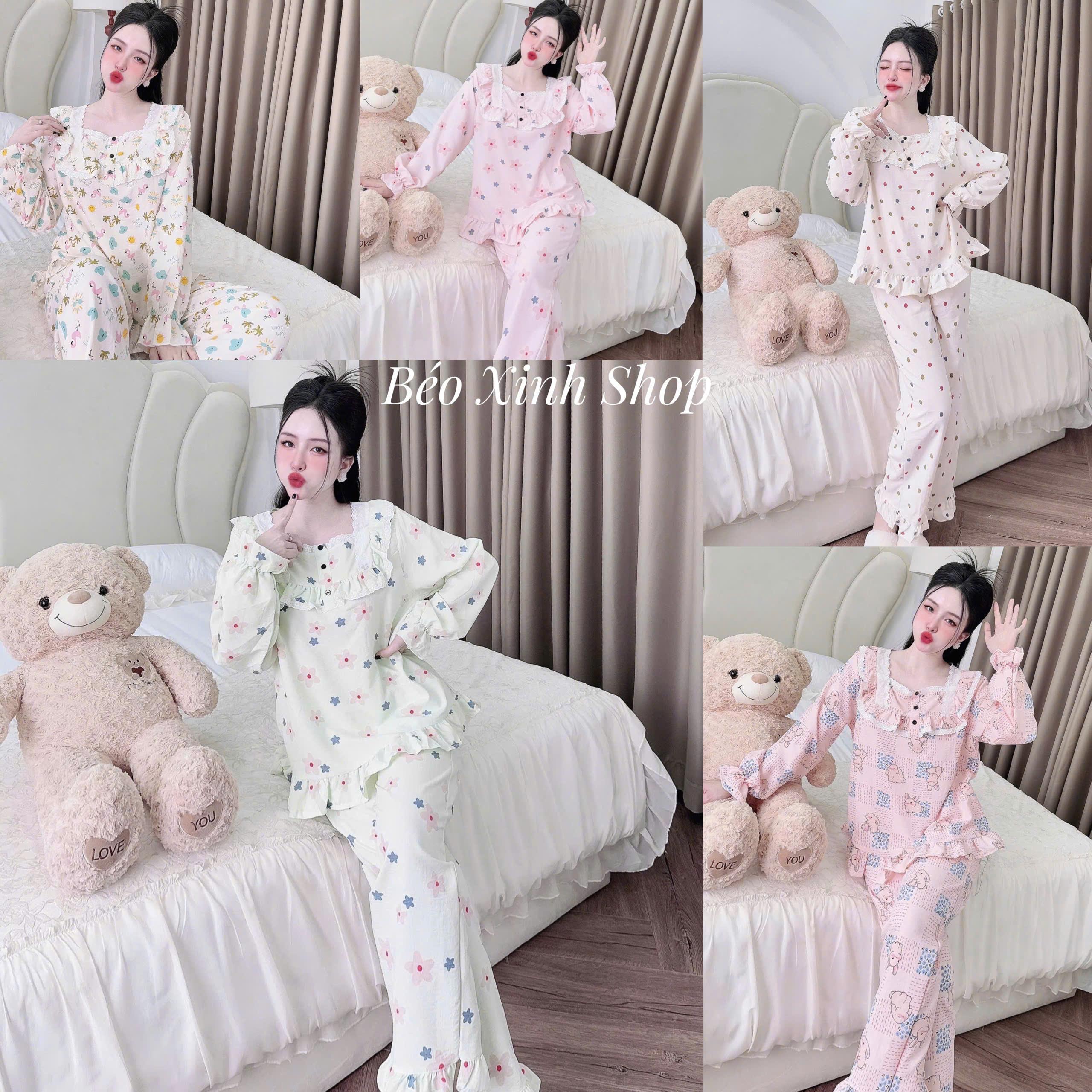 Đồ Bộ - Đồ Ngủ Tay Dài Quần Dài Vải Đũi Xốp Cotton Pijama Bigsize 50-100kg Bộ Ngủ Nữ Áo Ngủ Women Quần Ngủ - A.5634