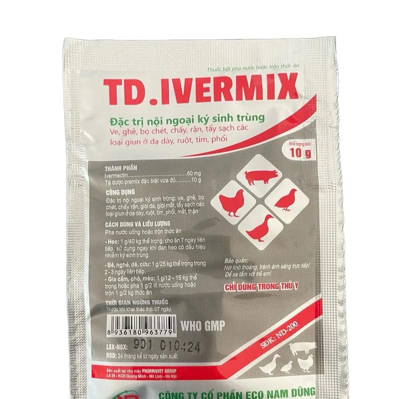 Gói bột (10gr) trộn ăn, pha nước đặc trị nội ngoại kí sinh trùng diệt ve, rận, bò chét, chấy, mòng bò, ghẻ và tẩy giun kim, giun đũa, giun mốc, sổ lãi đường ruột heo, dê, bò, chó, mèo, gà, vịt (td ivermix, ivermectin) Vietnam Flea & Tick Treatments
