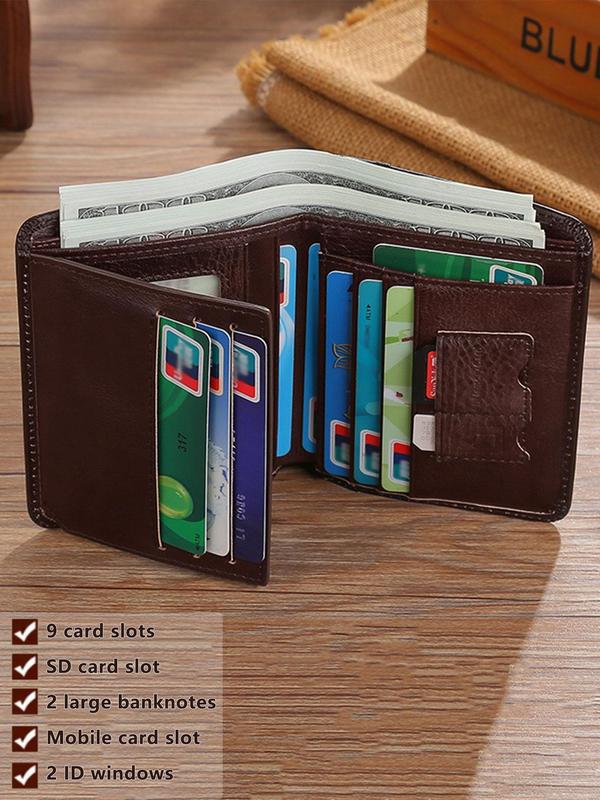 Men's Business Leather Plain Short Wallet, Trendy Casual Trifold Wallet with Multiple Card Slot, Vintage Card Holder for Men As Gift for Daily Use 5