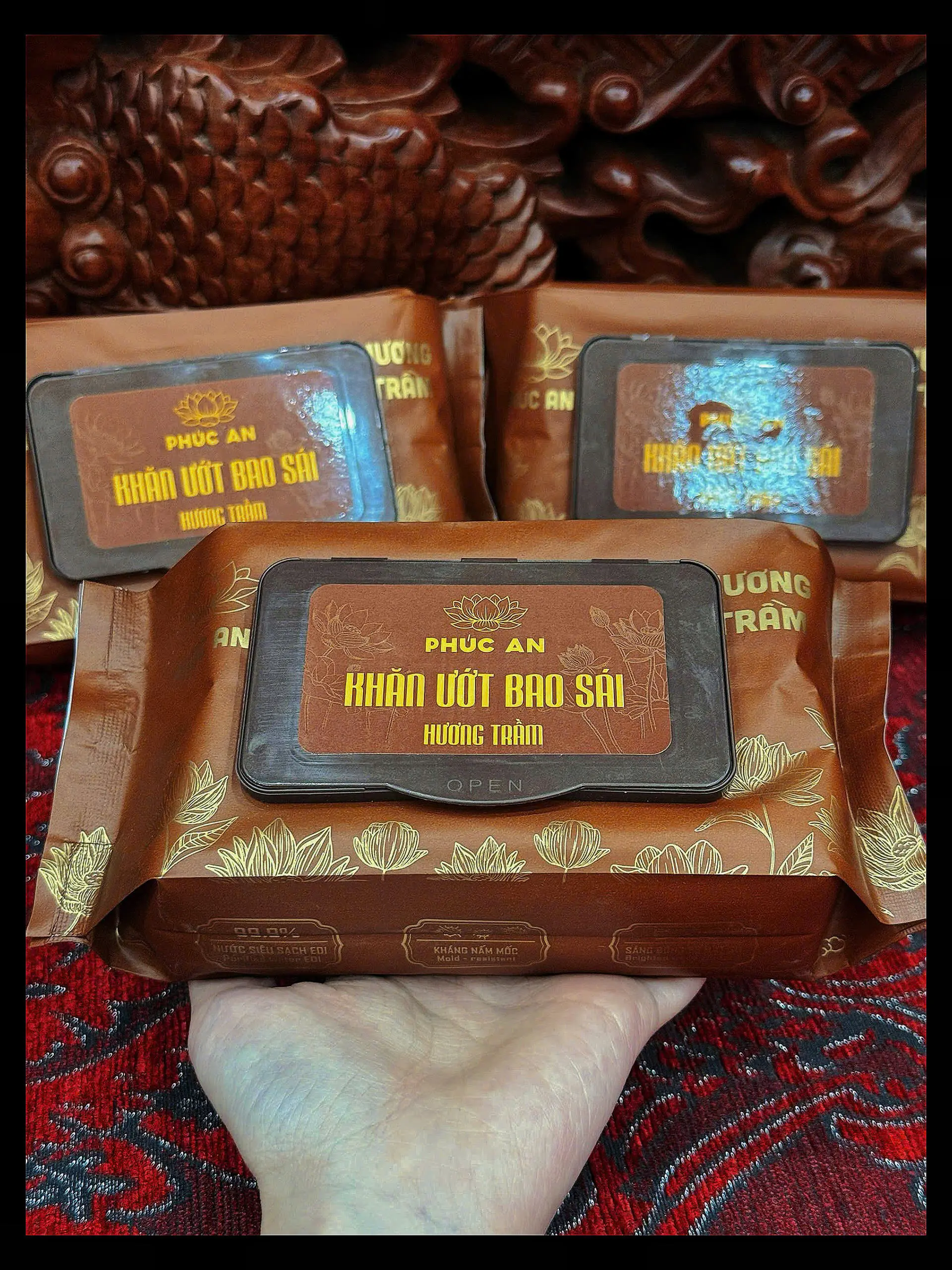 COMBO 5 Gói Khăn Ướt Lau Bao Sái Ban Thờ Phúc An Hường Trầm Quế Cao Cấp Làm Sạch Hàng Loại 1