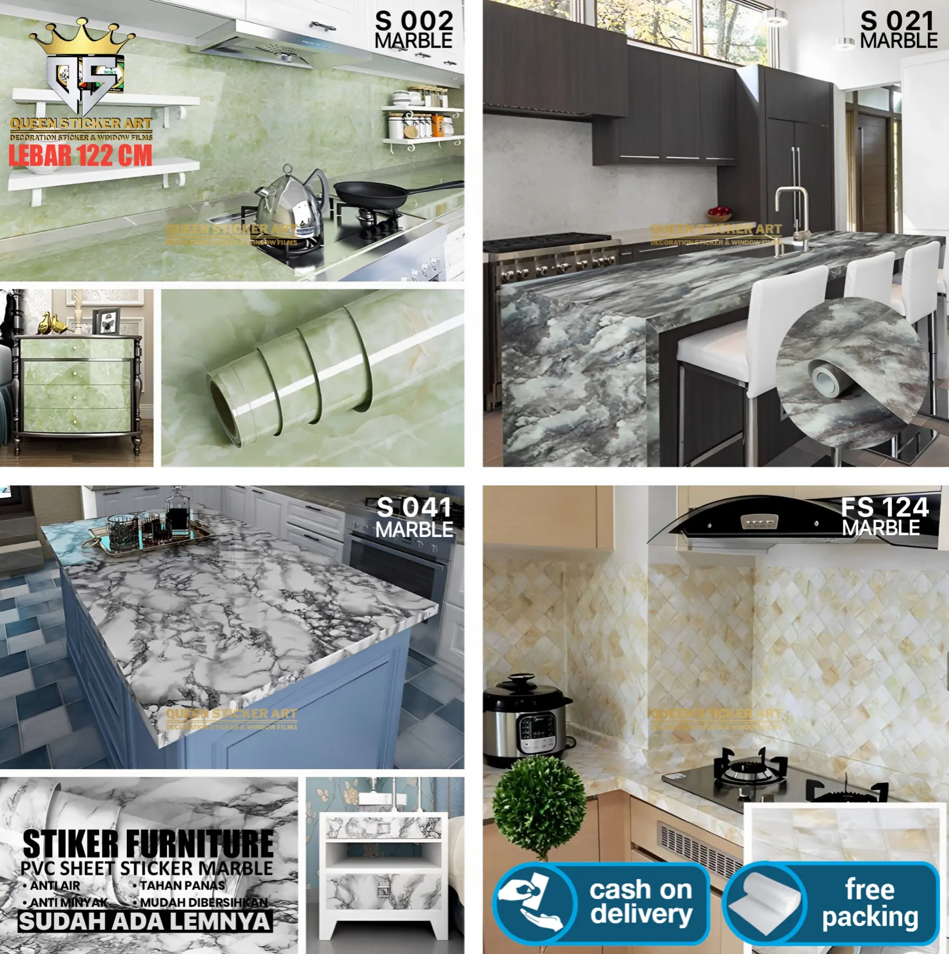 Wallpaper Dapur Premium Glossy Anti Minyak Dan Panas Motif Marmer Stiker Furniture Kayu Marble Meja Lemari Pintu Kitchen Set Walpaper Sticker Tahan Air Noda Lebar 122 Cm