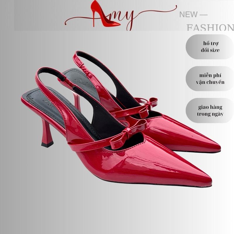 Giày cao gót nữ sục nữ phối nơ nhỏ xinh xắn cao 5cm 416 gót 5p thích hợp đi du lịch,đi biển,đi ăn tiệc Shoes Jean Cao Su Tim Có Quai Len Quai Hậu giay got 7 phan caogotnu Women dép cao nơ mũi nhọn Nhung DéP