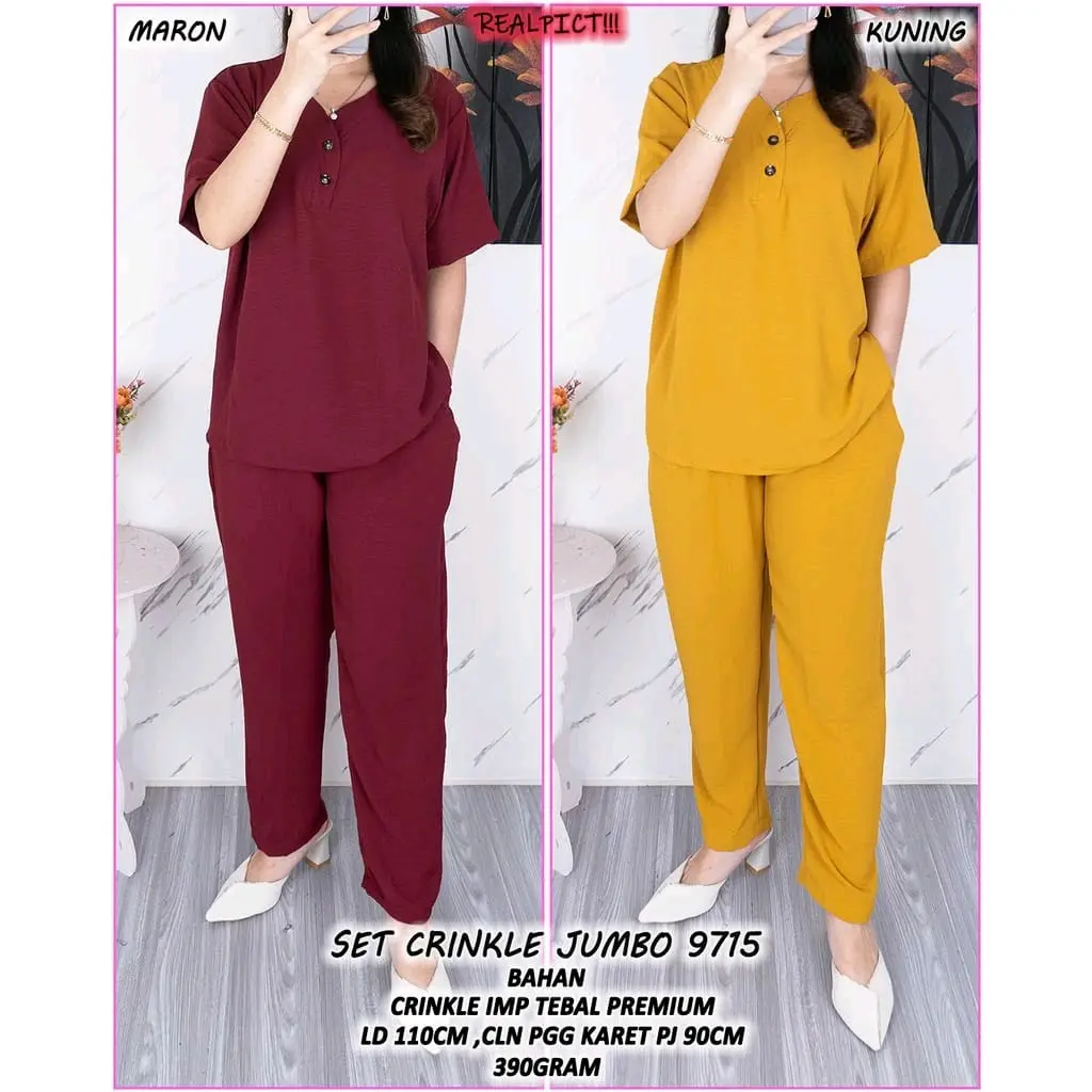 W-G terbaru setelan crinkle Lengan pendek Airflow Wanita Celana Panjang Dewasa Baju Atasan Linen Kulot Katun Oversize