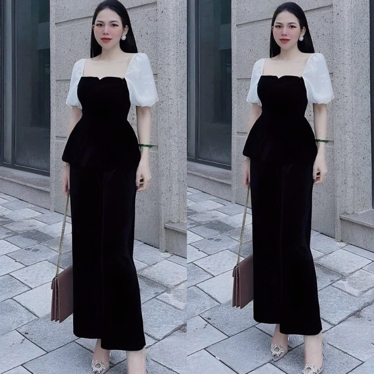 Set Áo Cổ Vuông Phối Voan Quần Ống Rộng Vải Cotton Lạnh Bigsize  50 - 100Kg Dễ Thương Nữ Cotton Dress Đầm Đen Denim Women Top Ong - A.1283