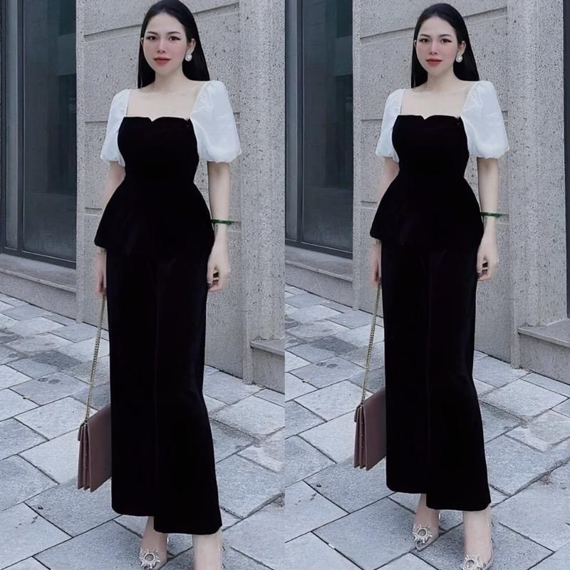 Set Áo Cổ Vuông Phối Voan Quần Ống Rộng Vải Cotton Lạnh Bigsize 50 - 100Kg Dễ Thương Nữ Cotton Dress Đầm Đen Denim Women Top Ong - A.1283